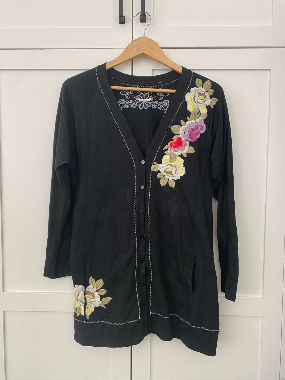 Boho Button-Front Cotton Black Tunic Floral Embroidery Johnny Was Style Medium